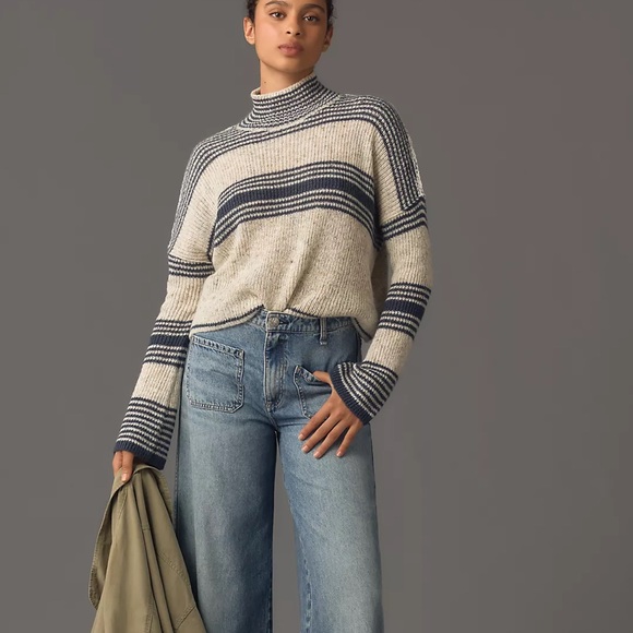 By Anthropologie Ribbed Linen Wool Blend Warm Classic Turtleneck Striped Sweater - Picture 2 of 10